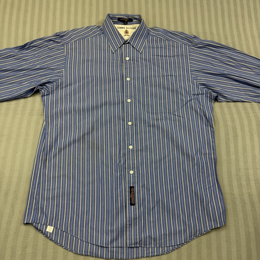 Tommy Hilfiger Shirt Mens 16 34-35 Blue Yellow Striped Button Down‎ Collar